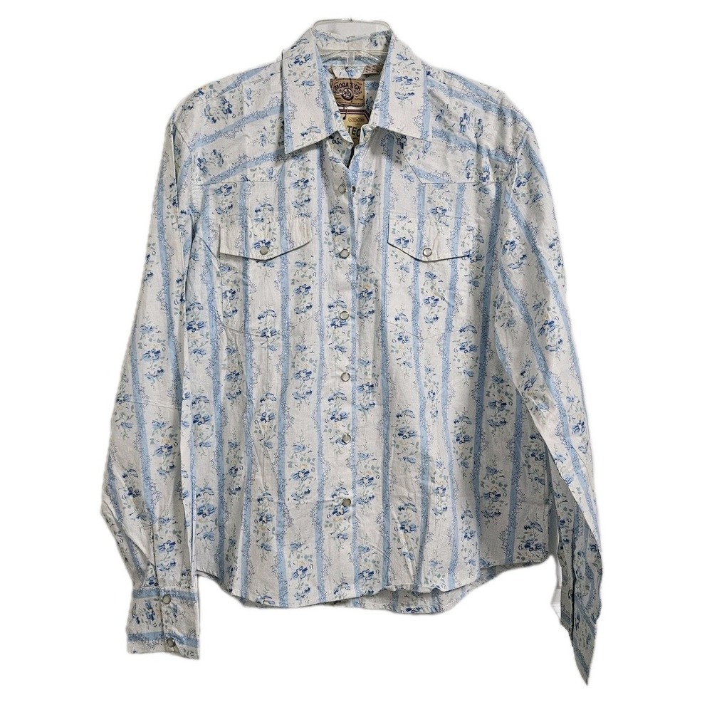 Moda Tech Western Shirt Women XL Blue Floral Stripe Pearl Snap Long Sleeve NEW